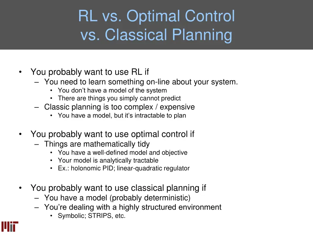 rl vs optimal control vs classical planning
