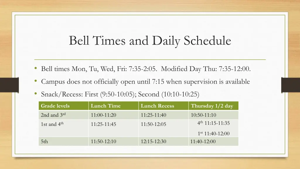 bell times and daily schedule