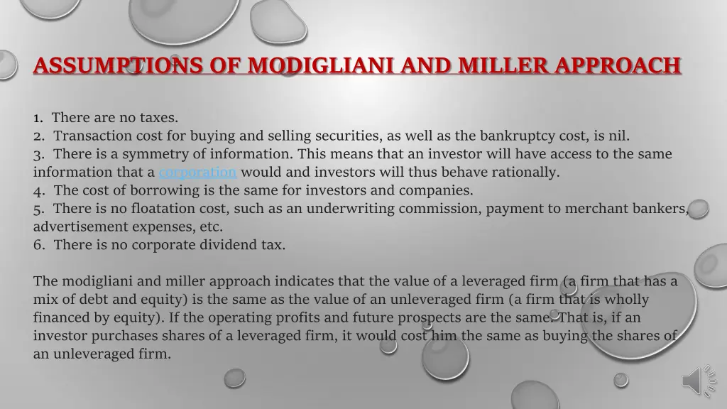 assumptions of modigliani and miller approach