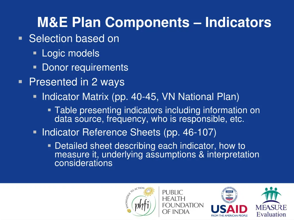 m e plan components indicators selection based