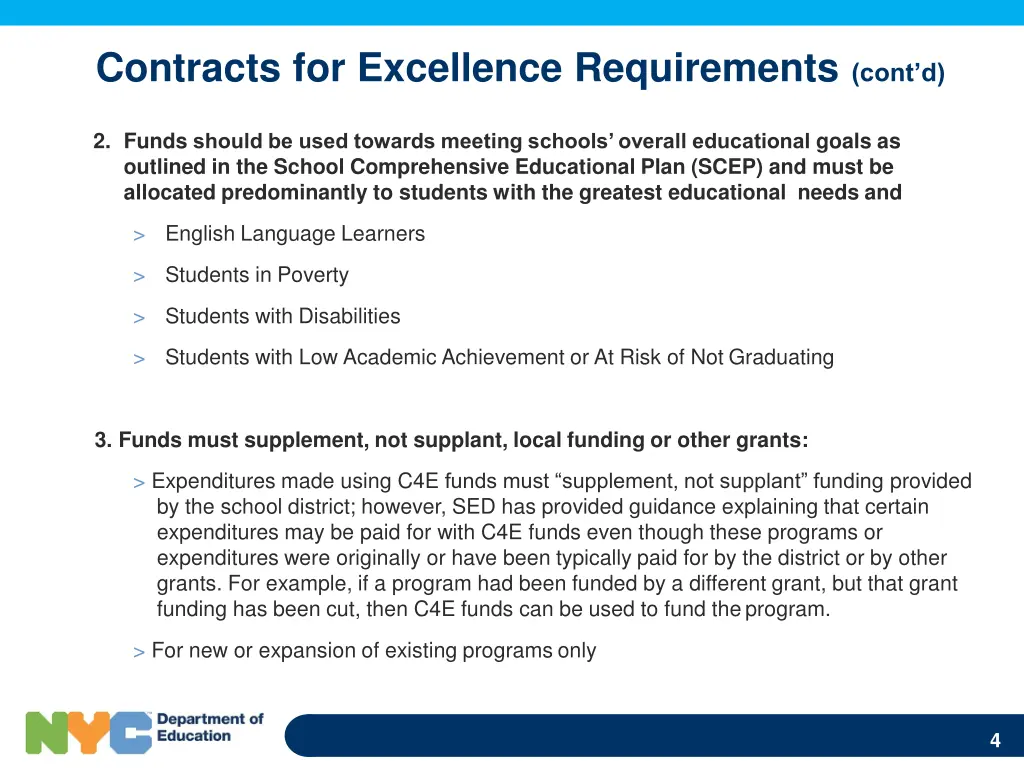 contracts for excellence requirements cont d