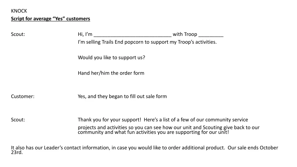 knock script for average yes customers