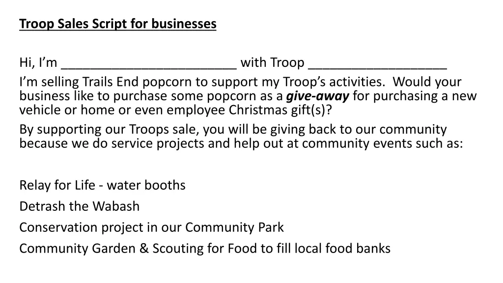 troop sales script for businesses
