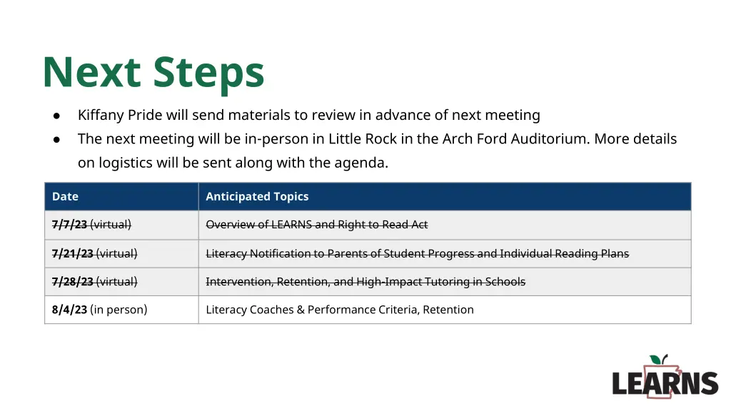 next steps kiffany pride will send materials