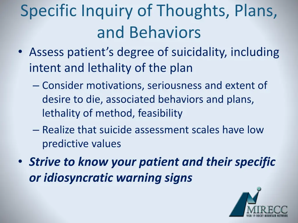 specific inquiry of thoughts plans and behaviors 1