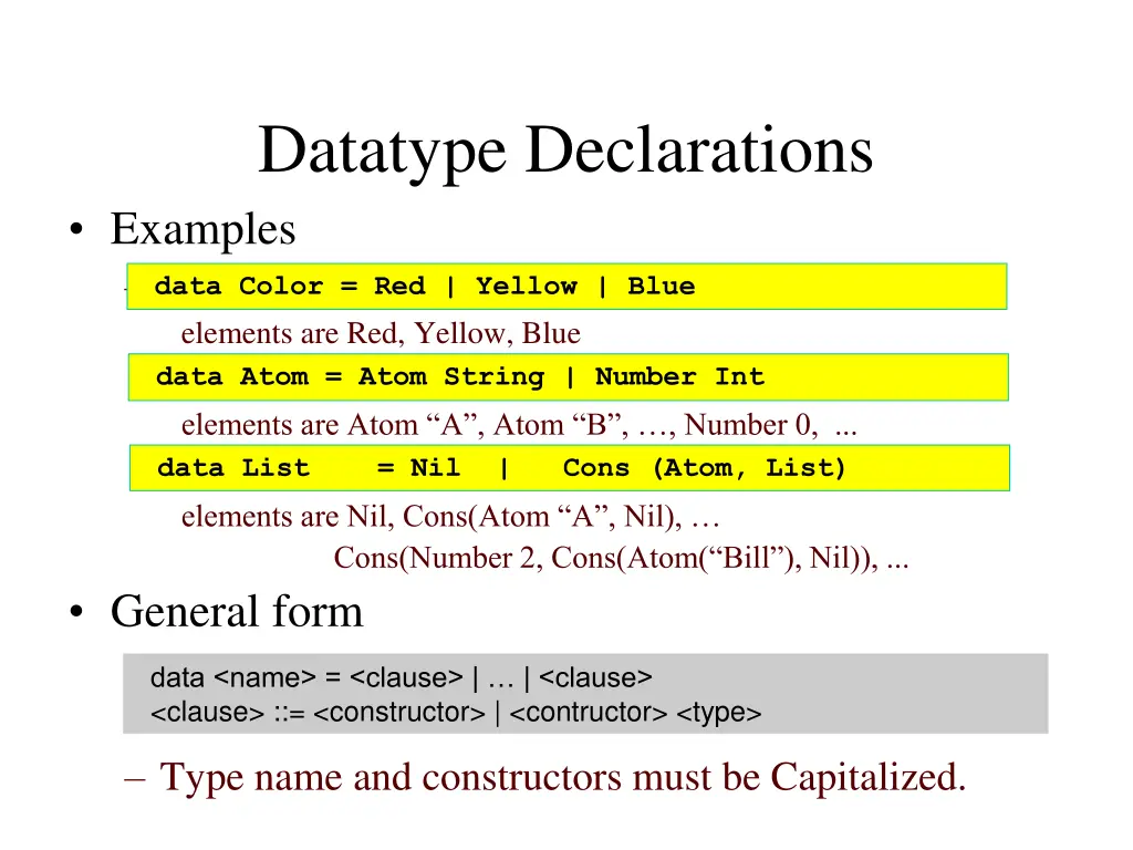 datatype declarations examples elements
