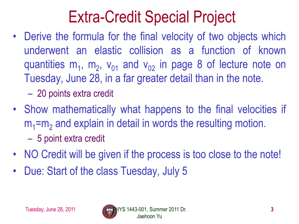extra credit special project derive the formula