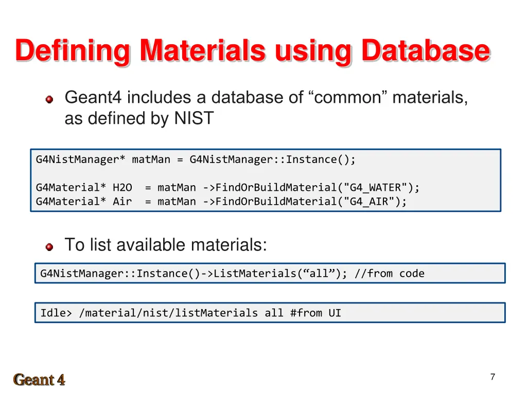 defining materials using database