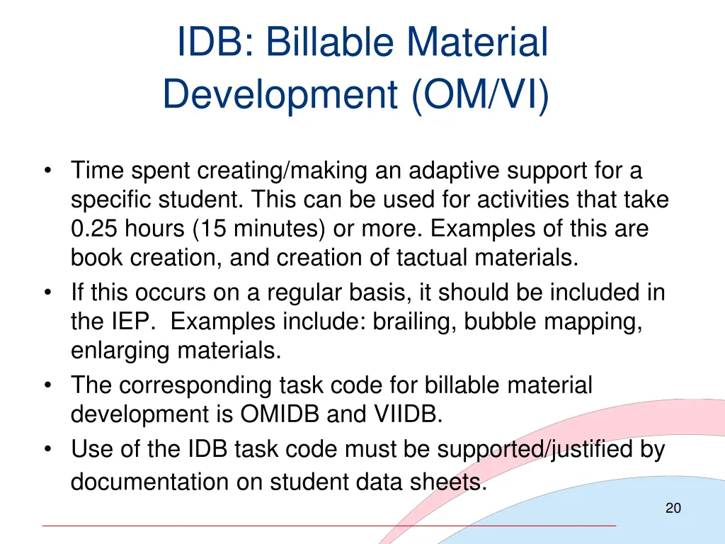 idb billable material development om vi