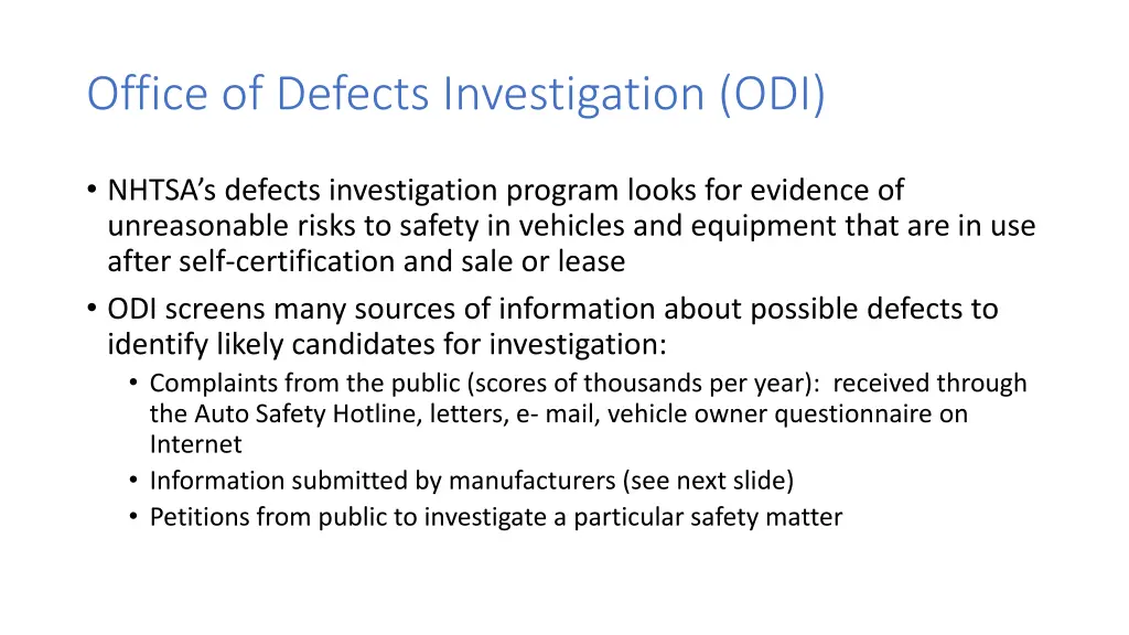 office of defects investigation odi
