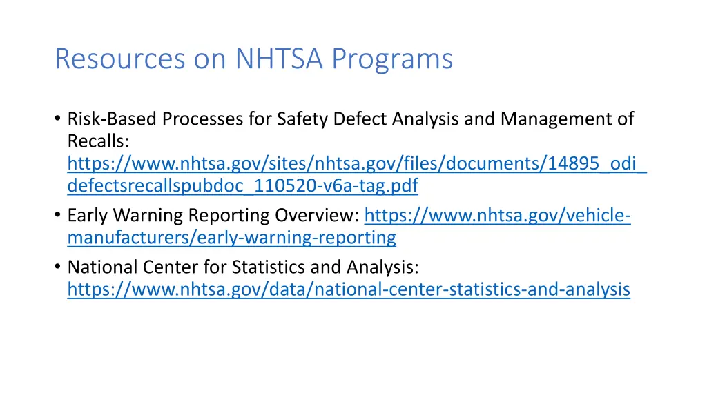 resources on nhtsa programs