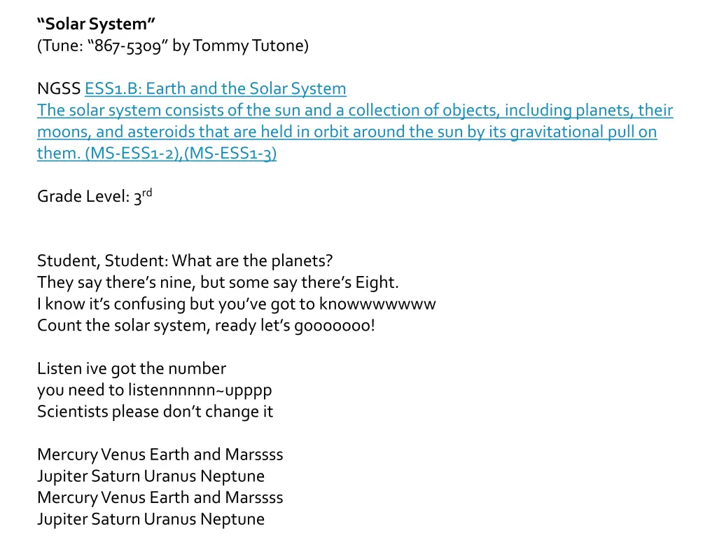 solar system tune 867 5309 by tommy tutone