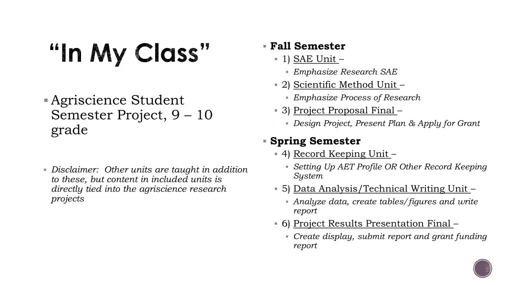 fall semester 1 sae unit emphasize research