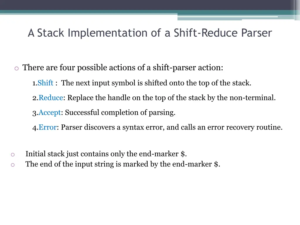 a stack implementation of a shift reduce parser
