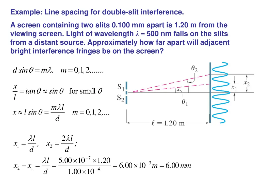 example line spacing for double slit interference