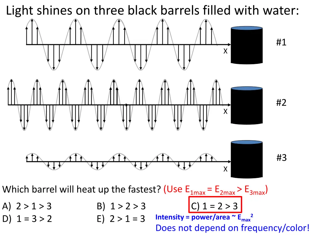light shines on three black barrels filled with
