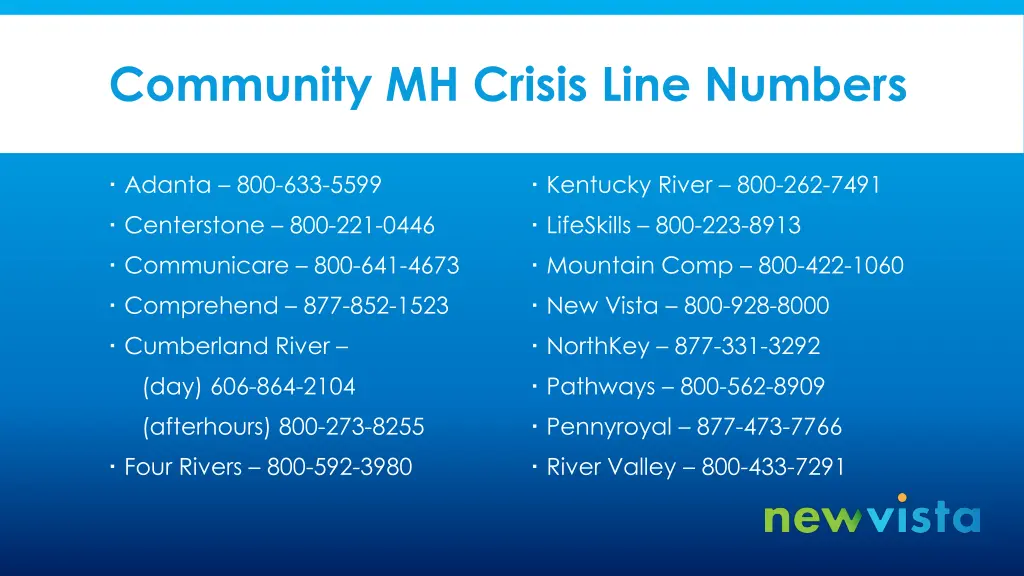 community mh crisis line numbers