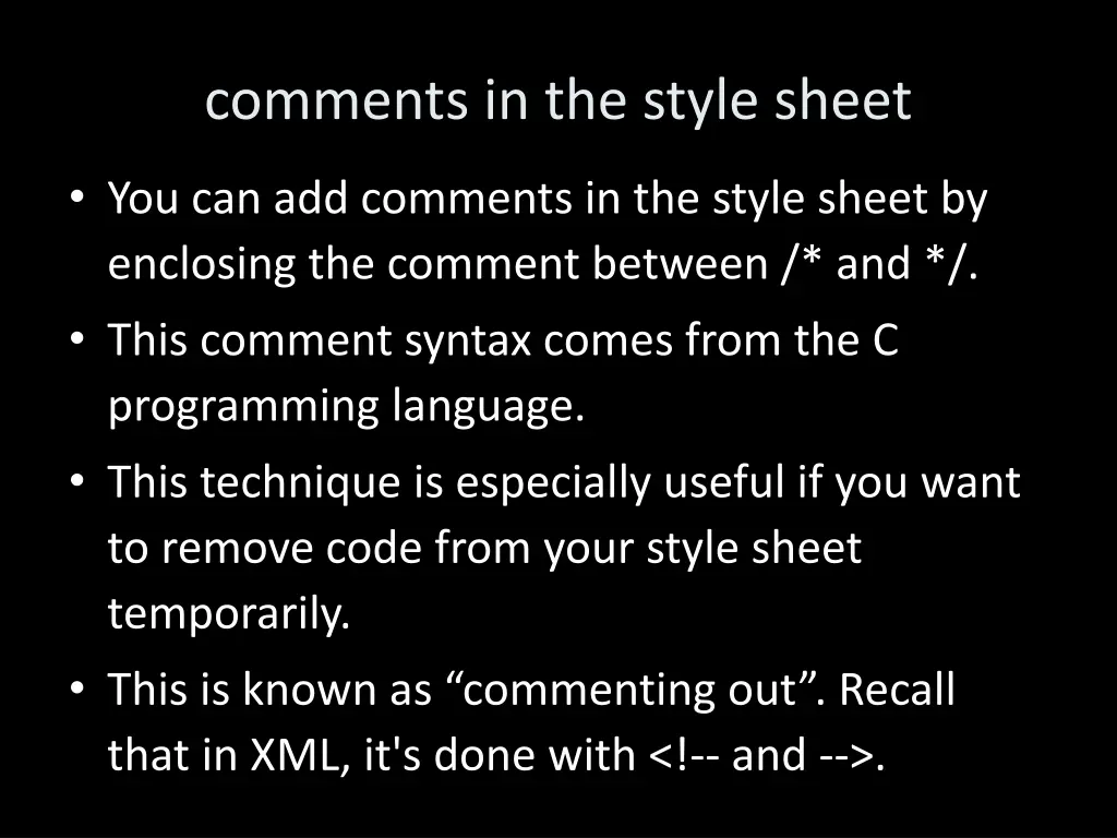 comments in the style sheet