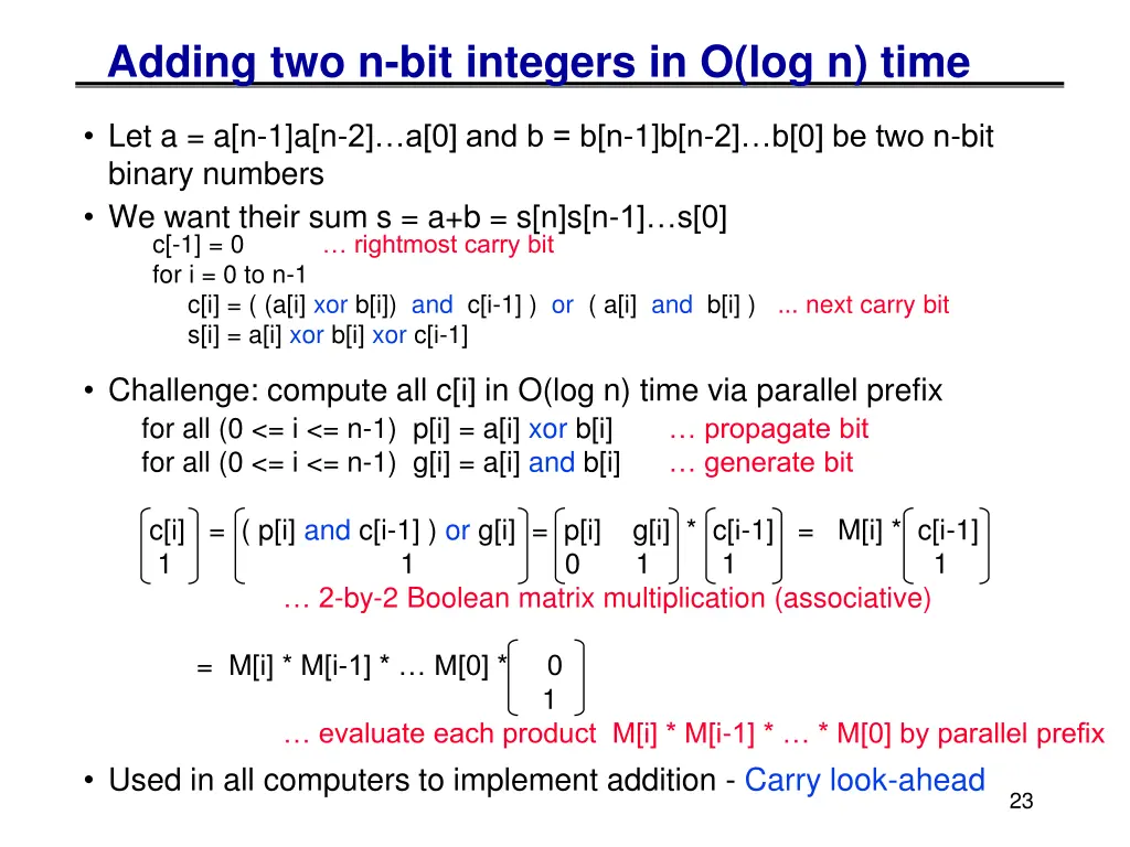 adding two n bit integers in o log n time