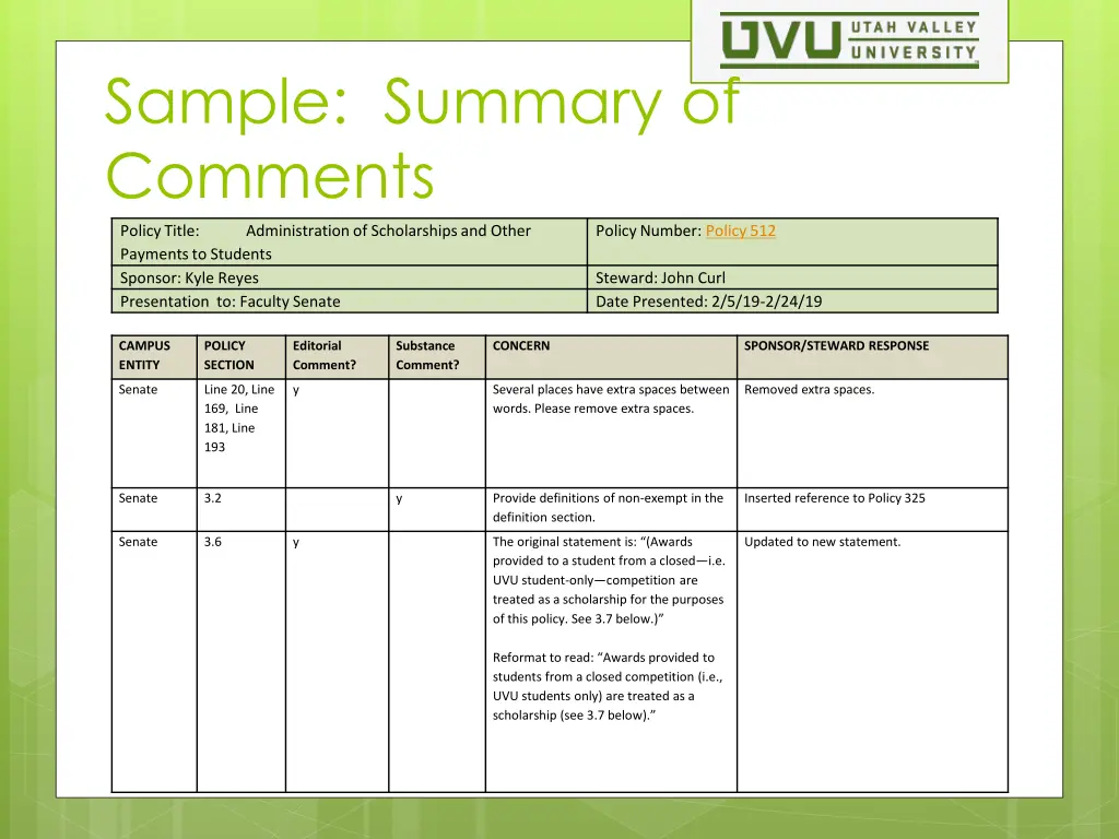 sample summary of comments