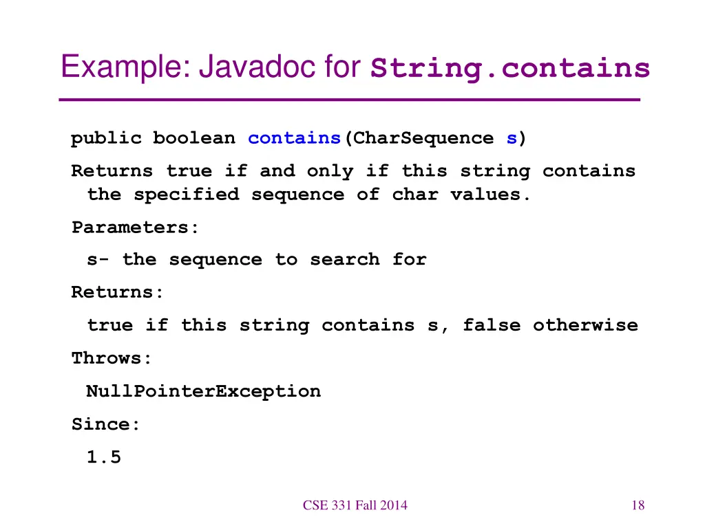 example javadoc for string contains