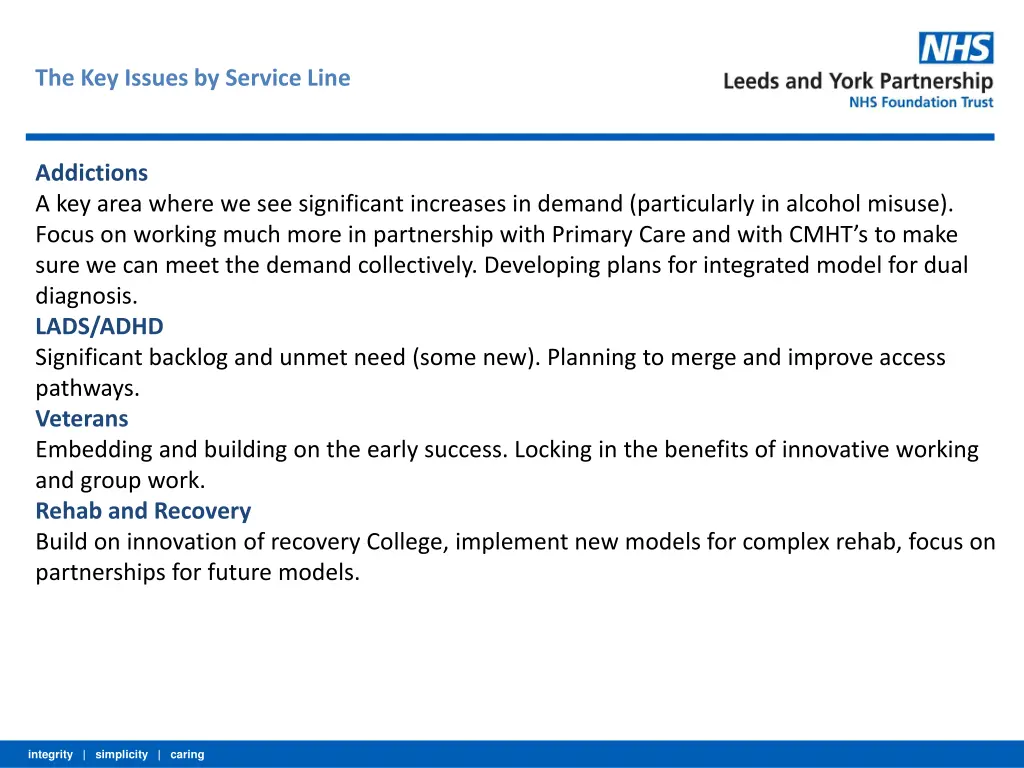 the key issues by service line 1