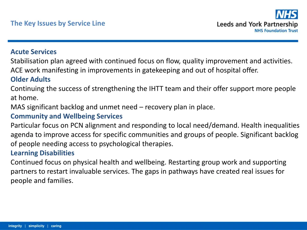 the key issues by service line