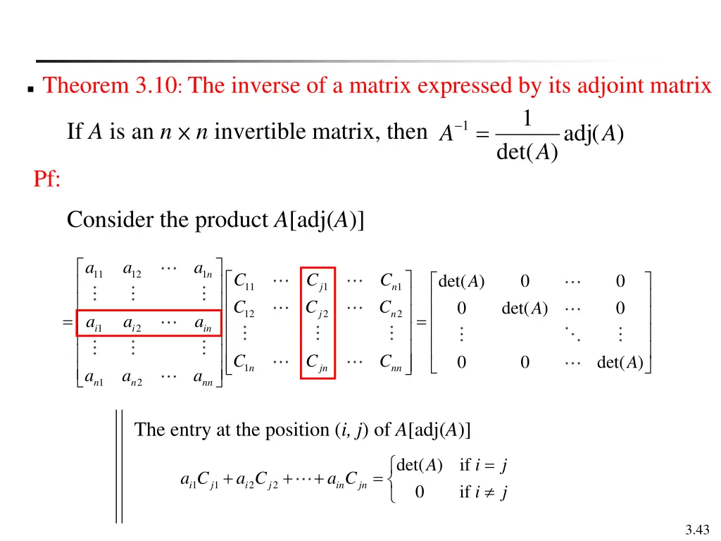 theorem 3 10 the inverse of a matrix expressed