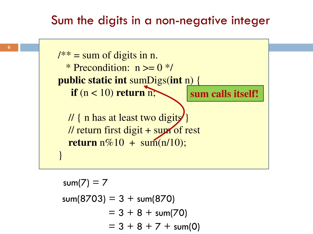 sum the digits in a non negative integer