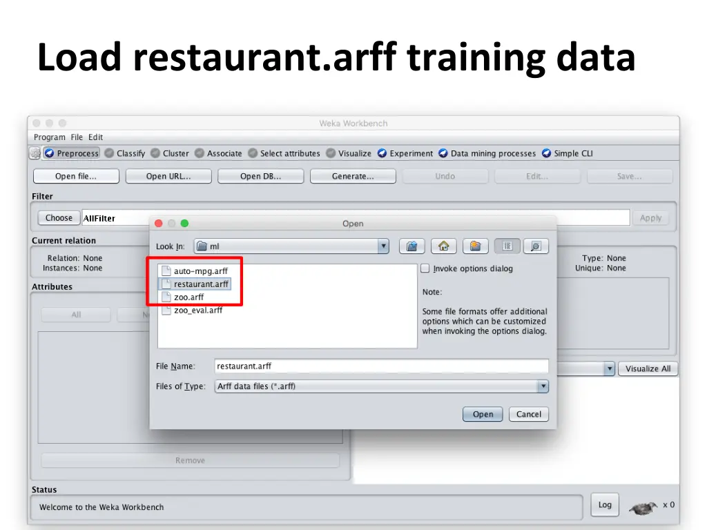 load restaurant arff training data