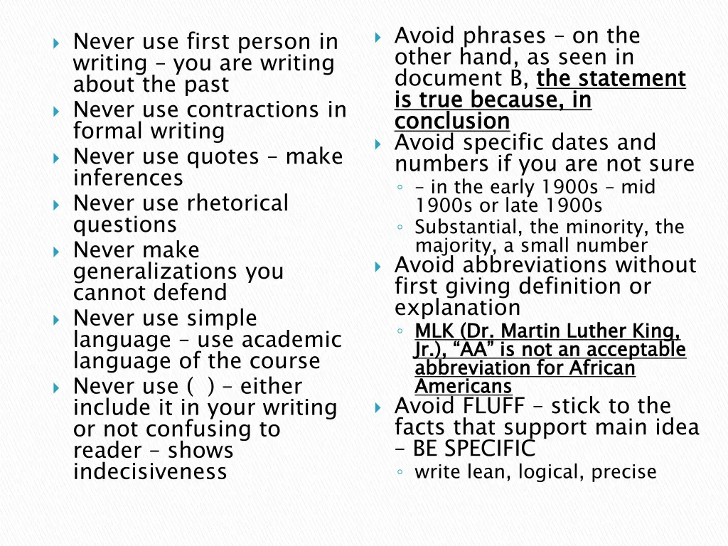 avoid phrases on the other hand as seen