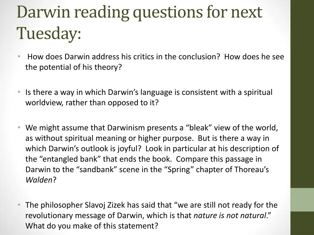 darwin reading questions for next tuesday