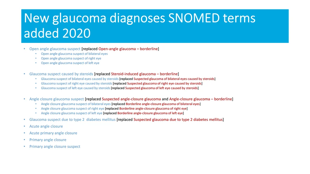 new glaucoma diagnoses snomed terms new glaucoma