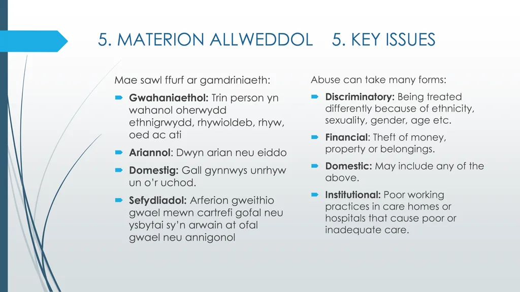 5 materion allweddol