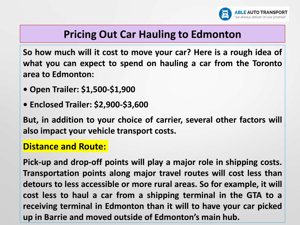 Ppt - How Much Does It Cost To Ship A Car From Toronto To Edmonton 