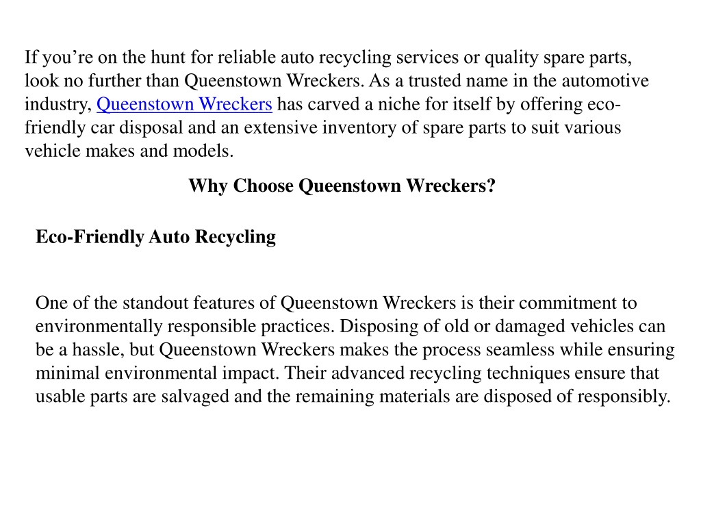 PPT - Queenstown Wreckers Your One-Stop Solution for Auto Recycling and ...